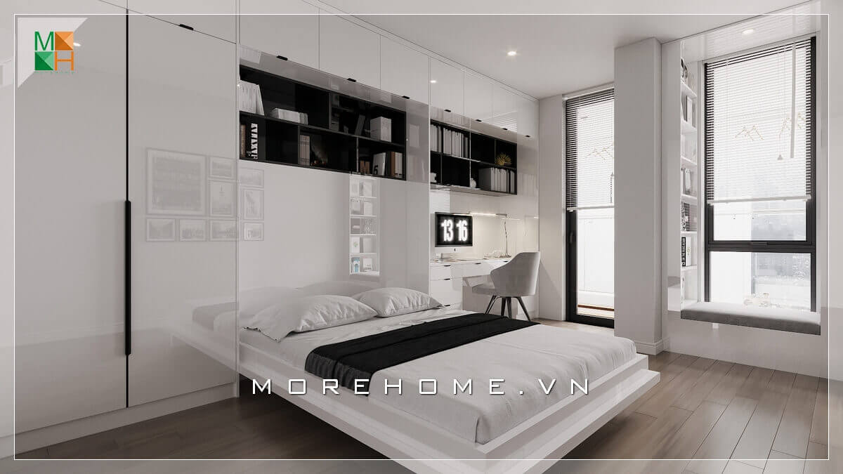 Ấn tượng mẫu tủ quần áo thiết kế âm tường kịch trần màu chủ đạo là trắng làm tăng vẻ tiện nghi cho căn phòng ngủ hiện đại.