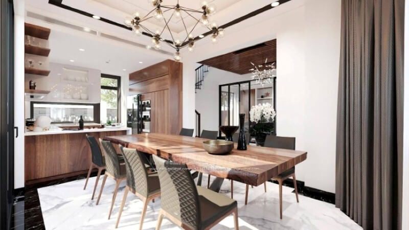 Sẽ là một gợi ý sáng tạo sẽ khiến bạn thích thú như trong mẫu bố trí không gian bếp hiện đại biệt thự Vinhomes Imperia Hải Phòng trong đây, bố trí kệ trang trí ở vị trí gần bàn ăn nhất giúp bạn lấy ly, chén một cách dễ dàng