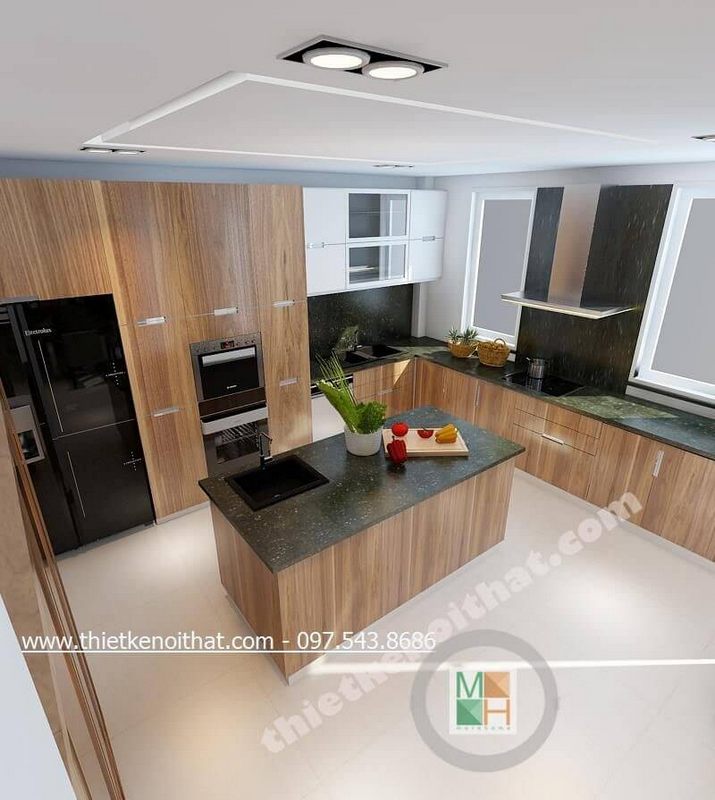 Mẫu tủ bếp gỗ công nghiệp với tone màu nâu sáng hiện đại sẽ góp phần tạo nên không gian thoải mái, sạch sẽ cho người nội trợ.